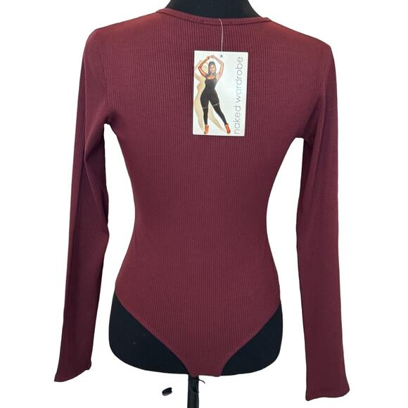 New ~ NAKED WARDROBE ~ Snatched Zip Front Long Sleeve Ribbed Bodysuit Sz M - Picture 4 of 6